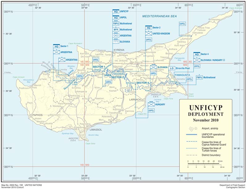 Карта Кипра с указанием размещения миротворческих сил ООН